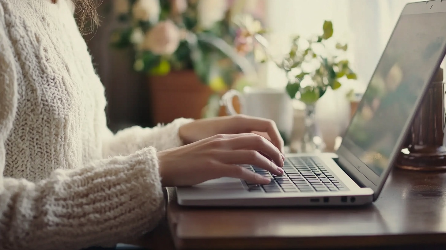 Una mujer con un suéter blanco tejiendo en un portátil sobre una mesa de madera, con flores y una taza visible al fondo, creando un ambiente acogedor