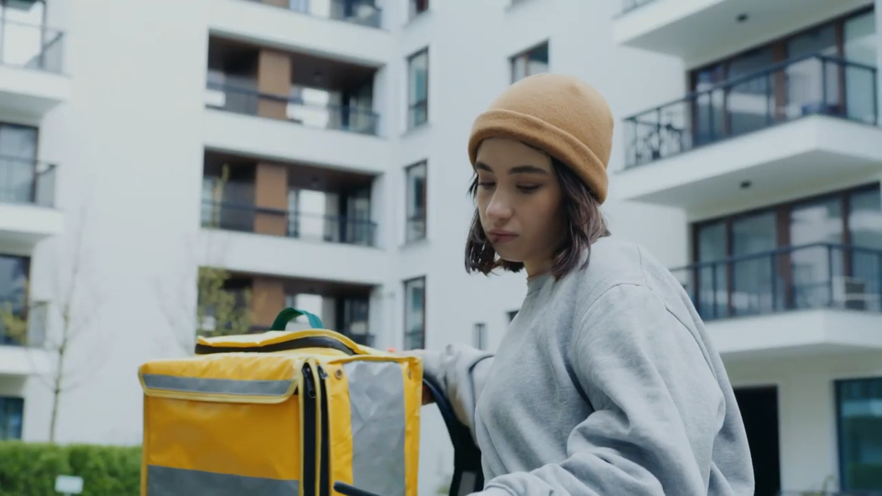 Mujer con gorro de lana y sudadera, revisando su mochila amarilla de Rappi frente a un edificio de apartamentos