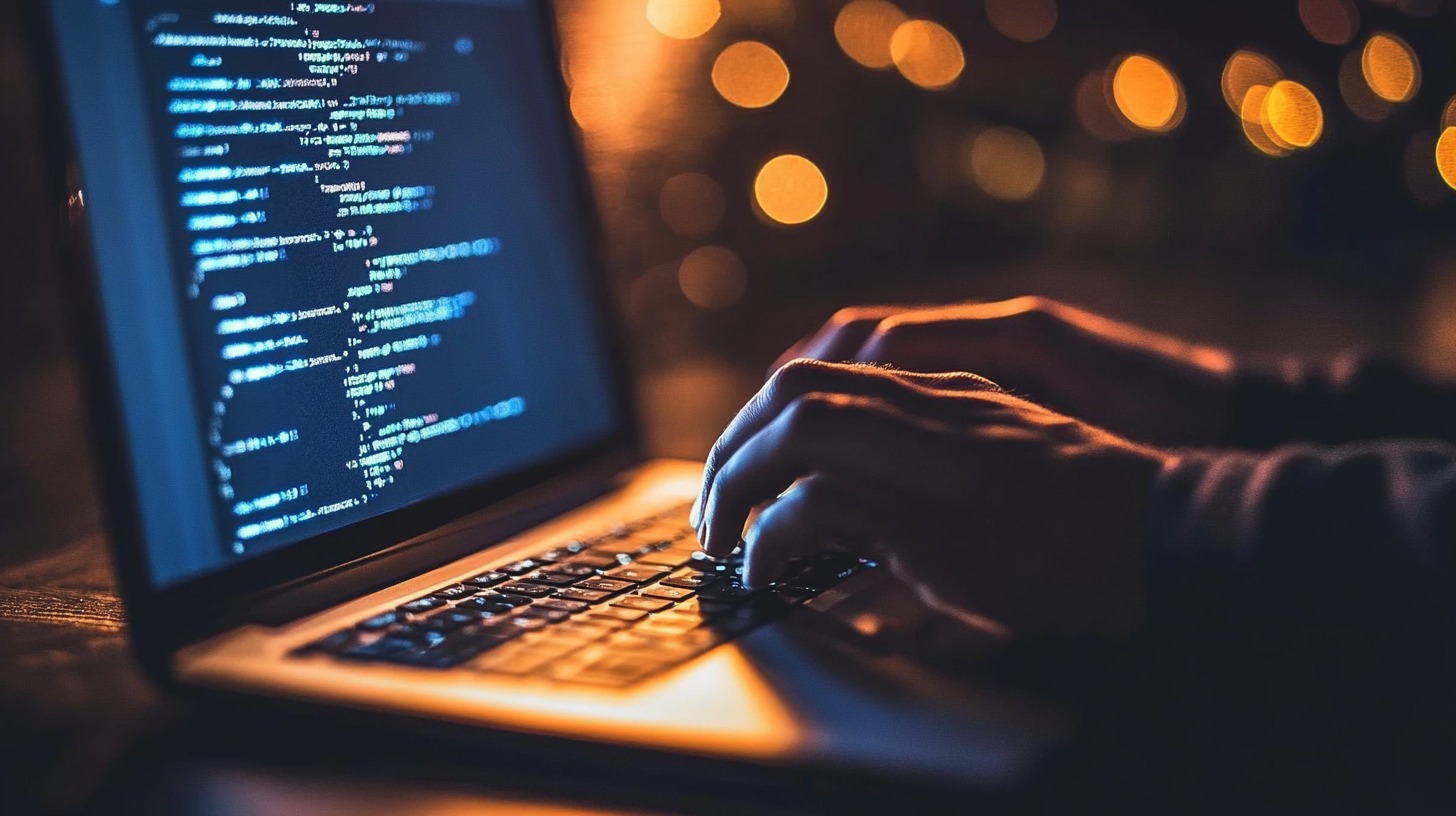 Manos tecleando en una computadora portátil con código en la pantalla y luces difusas de fondo, simbolizando la programación y la ciberseguridad