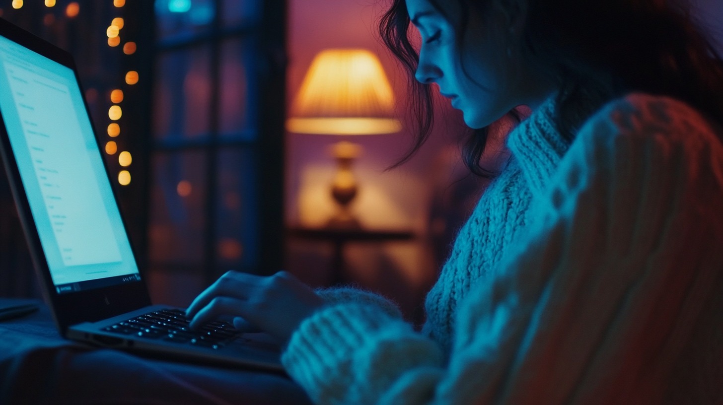 Una mujer con cabello rizado y un suéter blanco escribiendo en un portátil en una habitación iluminada con luces suaves, mientras un farol emite una luz cálida de fondo