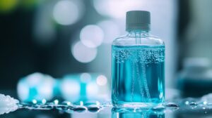 A clear bottle filled with blue mouthwash, surrounded by water droplets and reflections, symbolizing cleanliness and freshness