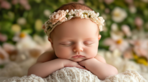 A Baby with A Floral Headband Peacefully Sleeping on A Soft Blanket