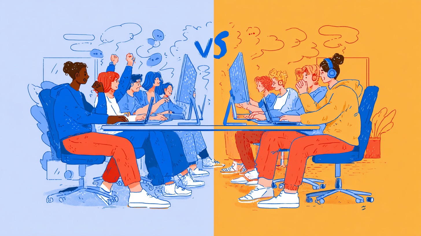 Ilustración de dos grupos de personas trabajando frente a computadoras, separados por colores azul y naranja con un 'VS' en el centro