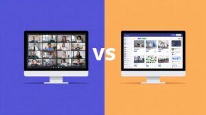 Comparación en pantalla dividida de Microsoft Teams y Zoom en dos monitores de computadora.