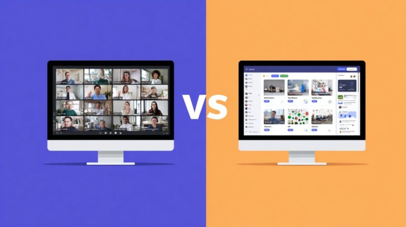 Comparación en pantalla dividida de Microsoft Teams y Zoom en dos monitores de computadora.