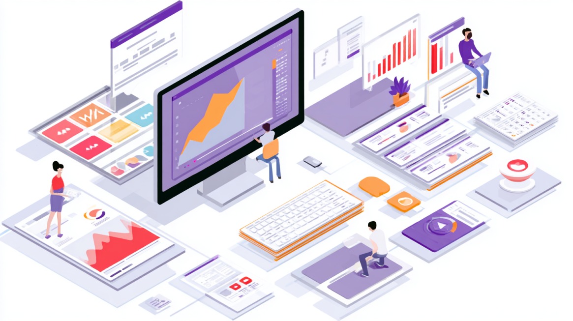 Ilustración isométrica de personas trabajando con pantallas, gráficos y herramientas digitales