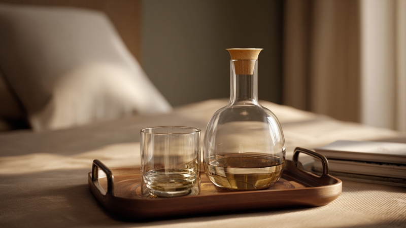 A clear glass carafe with water and a matching glass sit on a wooden tray by the bed