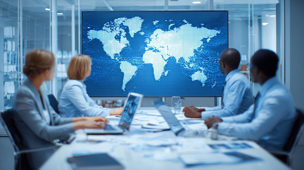 Business team in a conference room analyzing a digital world map on a large screen, discussing global market strategies