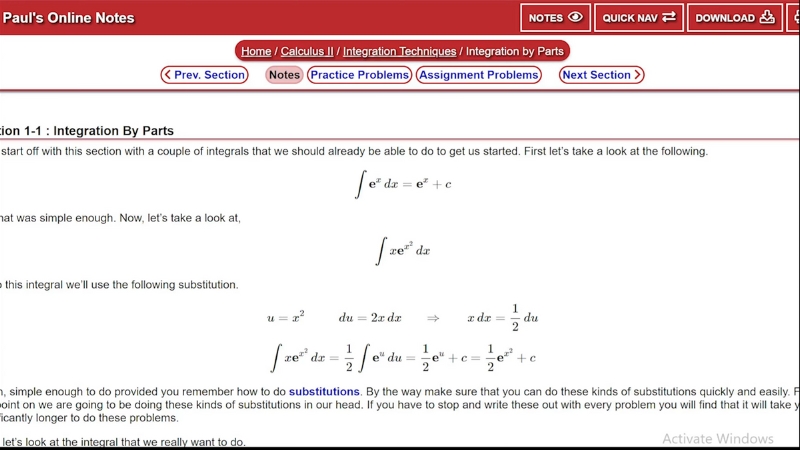 A screenshot of Paul’s Online Math Notes showing an example of integration by parts with formulas and explanations