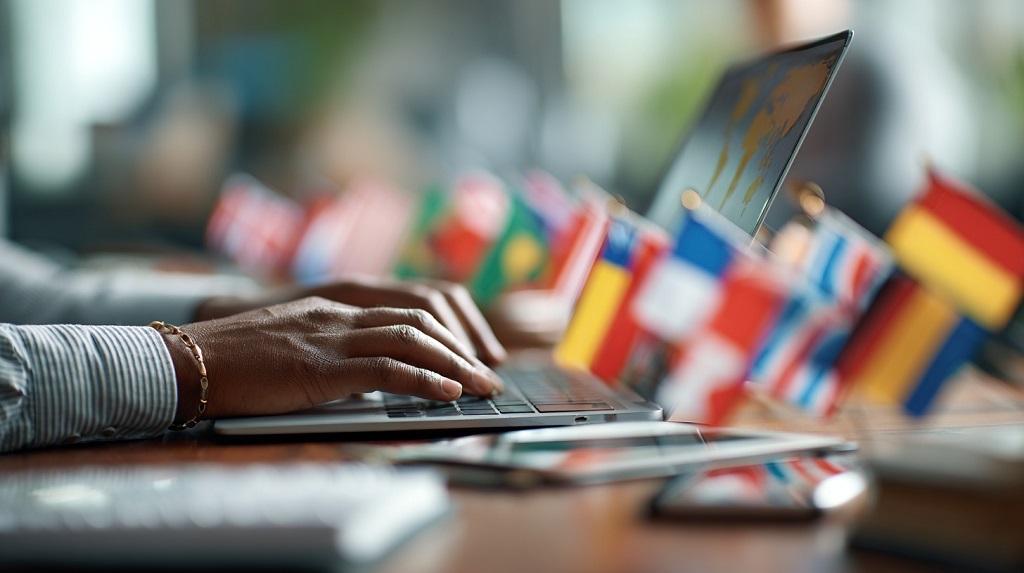 Person typing on a laptop surrounded by miniature international flags, symbolizing global communication and localization