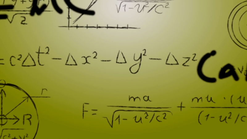 Handwritten math and physics equations on a yellow background, including formulas with variables and symbols