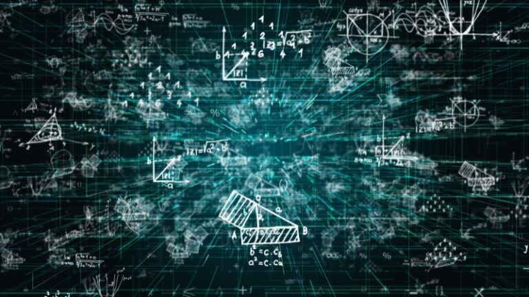 Mathematical formulas and scientific diagrams glowing on a digital grid background, representing online resources for solving complex problems in science and math