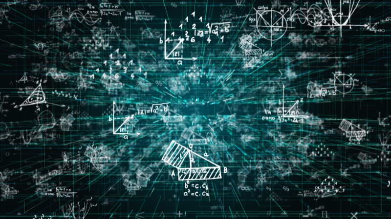 Mathematical formulas and scientific diagrams glowing on a digital grid background, representing online resources for solving complex problems in science and math