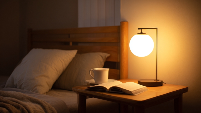 A warm bedside lamp glows on a wooden nightstand next to an open book and a cup