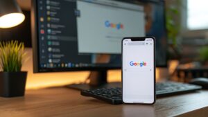 Teléfono móvil y monitor con la página de inicio de Google abierta, ilustrando el acto de buscar en Google desde diferentes dispositivos