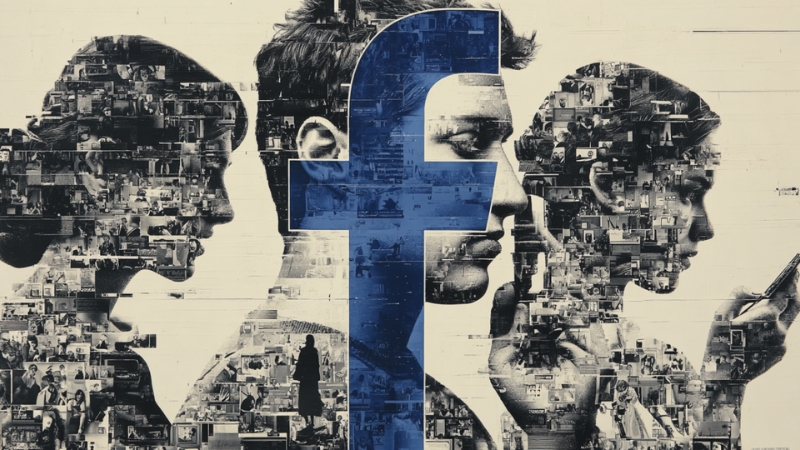 Collage con el logo de Facebook y rostros de jóvenes que representan el uso adolescente y su impacto en la salud mental