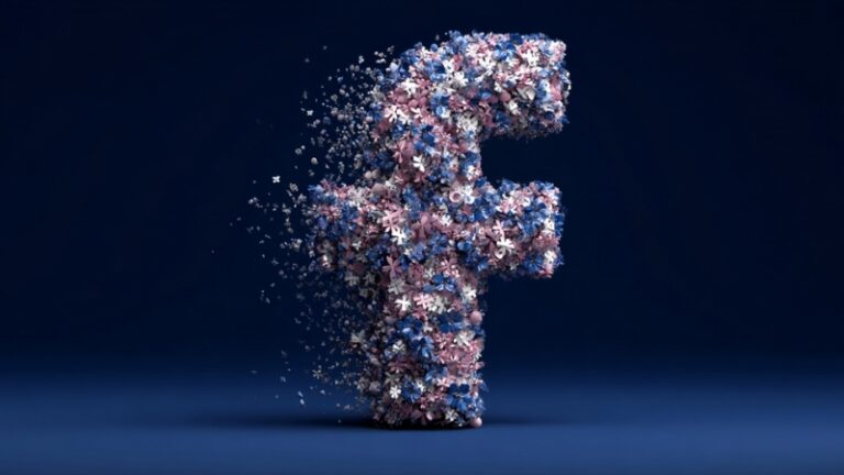 Letra “f” formada por flores en tonos azules y rosados sobre fondo azul oscuro, representando las ventajas y desventajas reales de Facebook