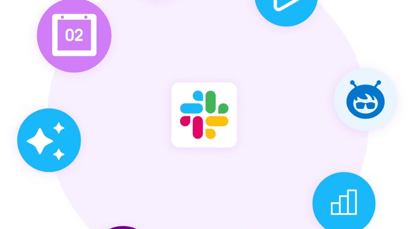 Iconos de herramientas integradas alrededor del logotipo de Slack que representan sus funciones de colaboración y productividad