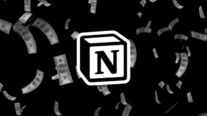 Logo de Notion con billetes flotando alrededor que representan el costo de sus planes pagos