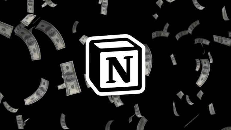Logo de Notion con billetes flotando alrededor que representan el costo de sus planes pagos