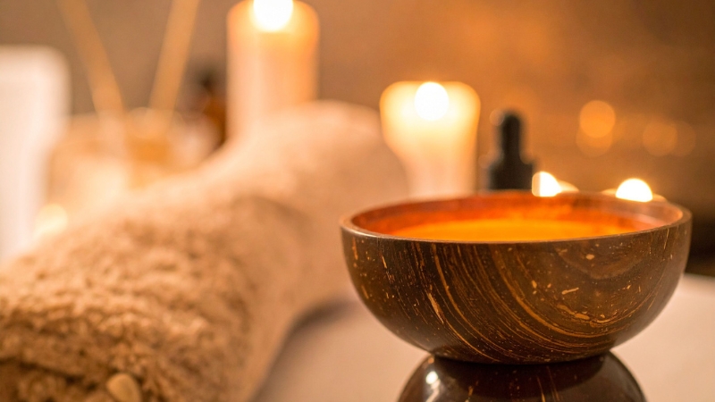 Warm spa setup with candles and a wooden bowl used for wellness and self-care corporate gift ideas