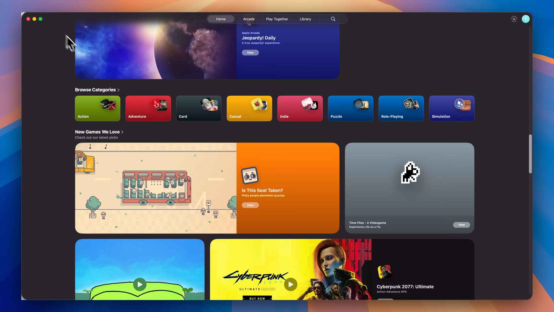 Pantalla de computadora mostrando una tienda digital de juegos con varias categorías