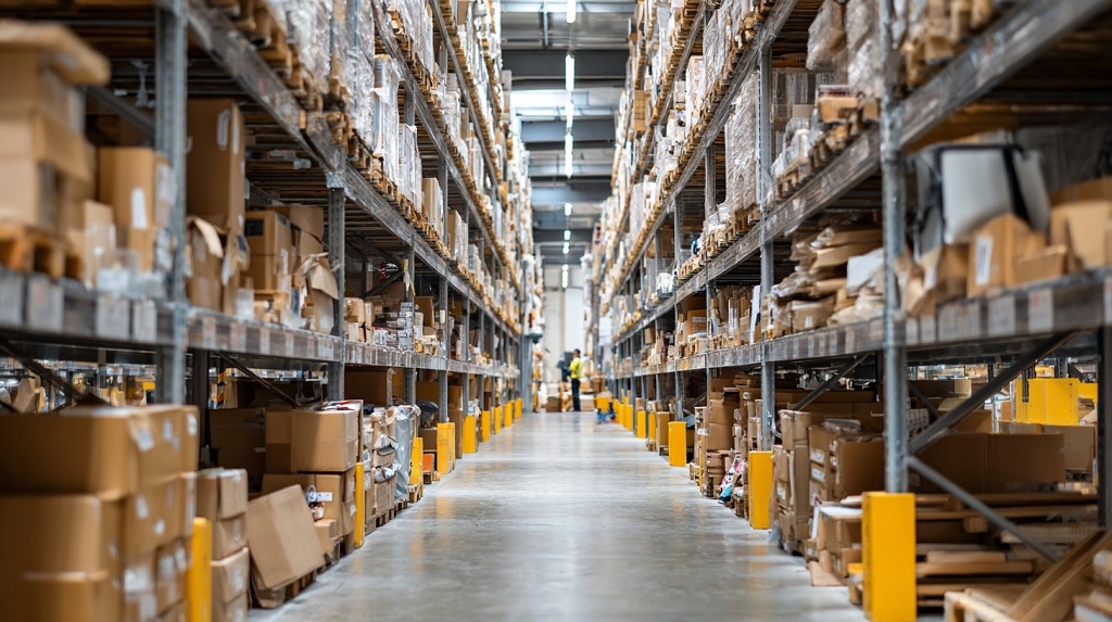 Pasillo de un gran almacén con estanterías altas llenas de cajas y productos listos para preparación y despacho