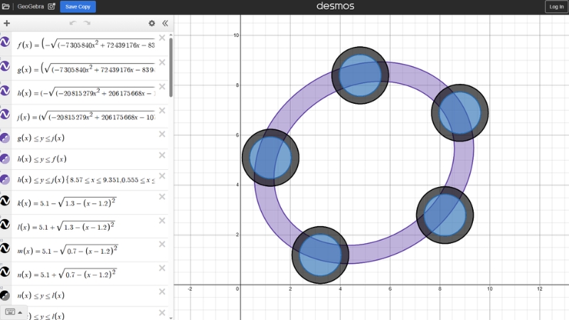 A graphing tool displays circular shapes and equations inside Desmos on a grid background