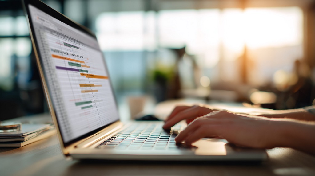 Persona trabajando en un portátil con un cronograma y planificación de tareas logísticas en pantalla dentro de una oficina