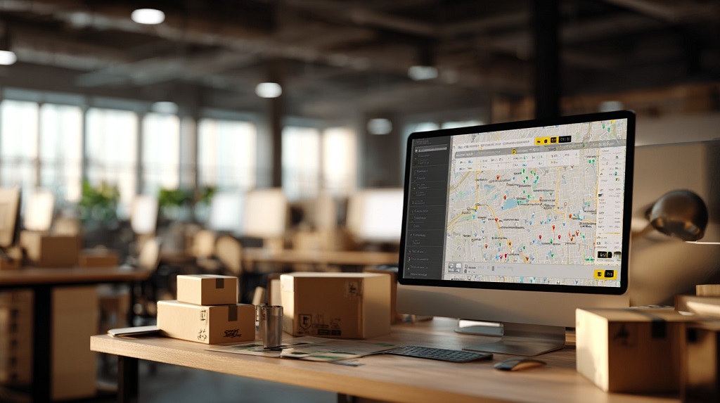 Computadora con software de logística mostrando un mapa con rutas y ubicaciones de entregas dentro de un centro de operaciones