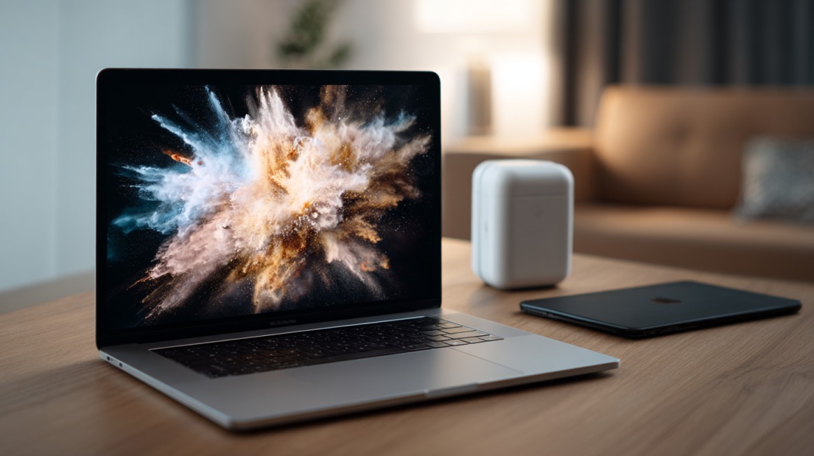 Portátil MacBook abierta sobre un escritorio con pantalla mostrando una explosión de colores