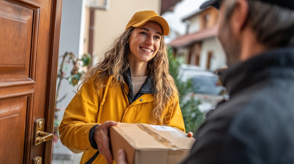 Repartidora sonriente entrega un paquete a un cliente en la puerta de su casa durante un servicio de entrega el mismo día