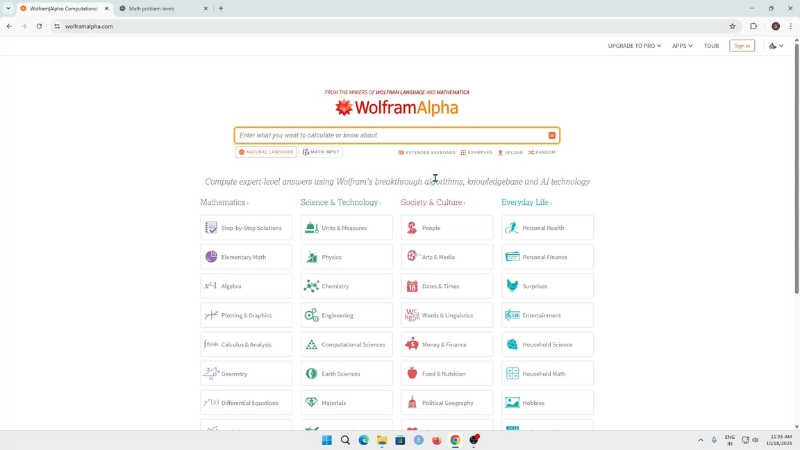 A computer screen shows the Wolfram Alpha homepage with categories for science and math queries