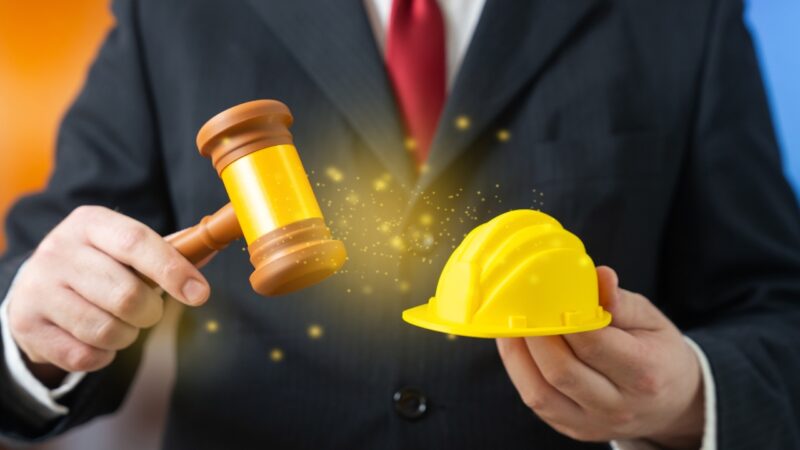 A construction lawyer holds a gavel beside a yellow hard hat during a permit review