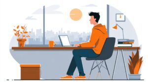 Illustration of a remote worker using a laptop at a desk in a home office with a city view in the background