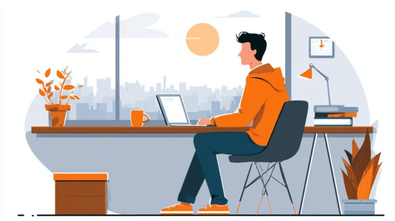 Illustration of a remote worker using a laptop at a desk in a home office with a city view in the background