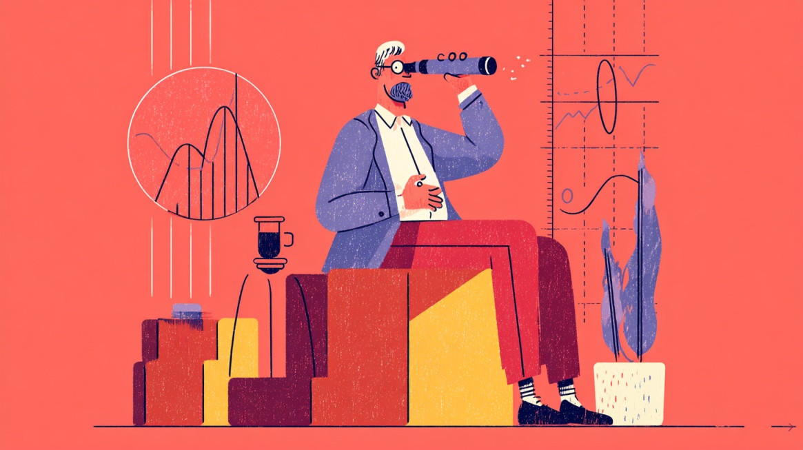 Illustration of a finance professional using a telescope while reviewing charts and market trends