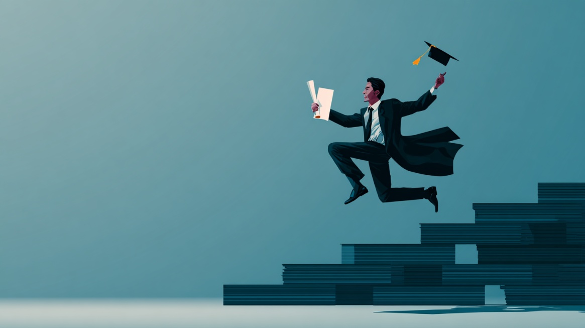 Illustration of a professional jumping up a staircase while holding certificates and a graduation cap