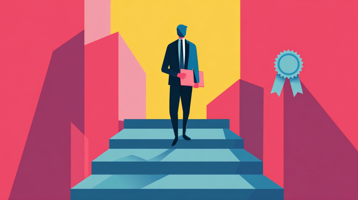 Illustration of a business professional standing on steps with a certificate badge symbol nearby