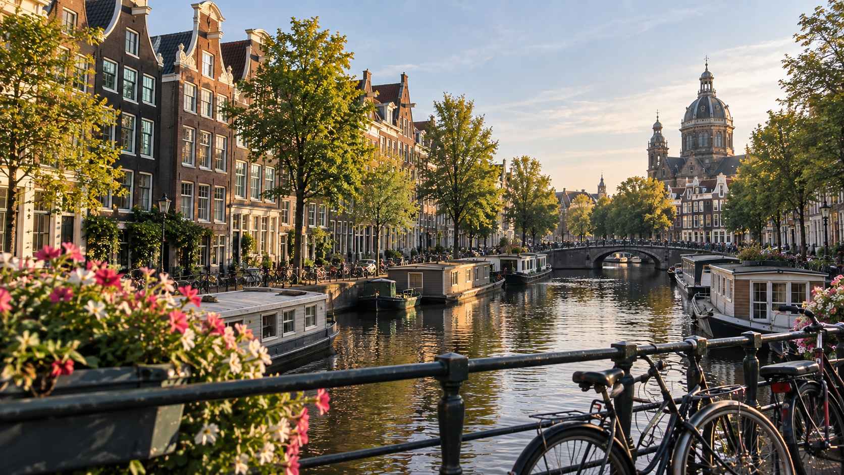 Canal houses, bicycles and houseboats along an Amsterdam canal.