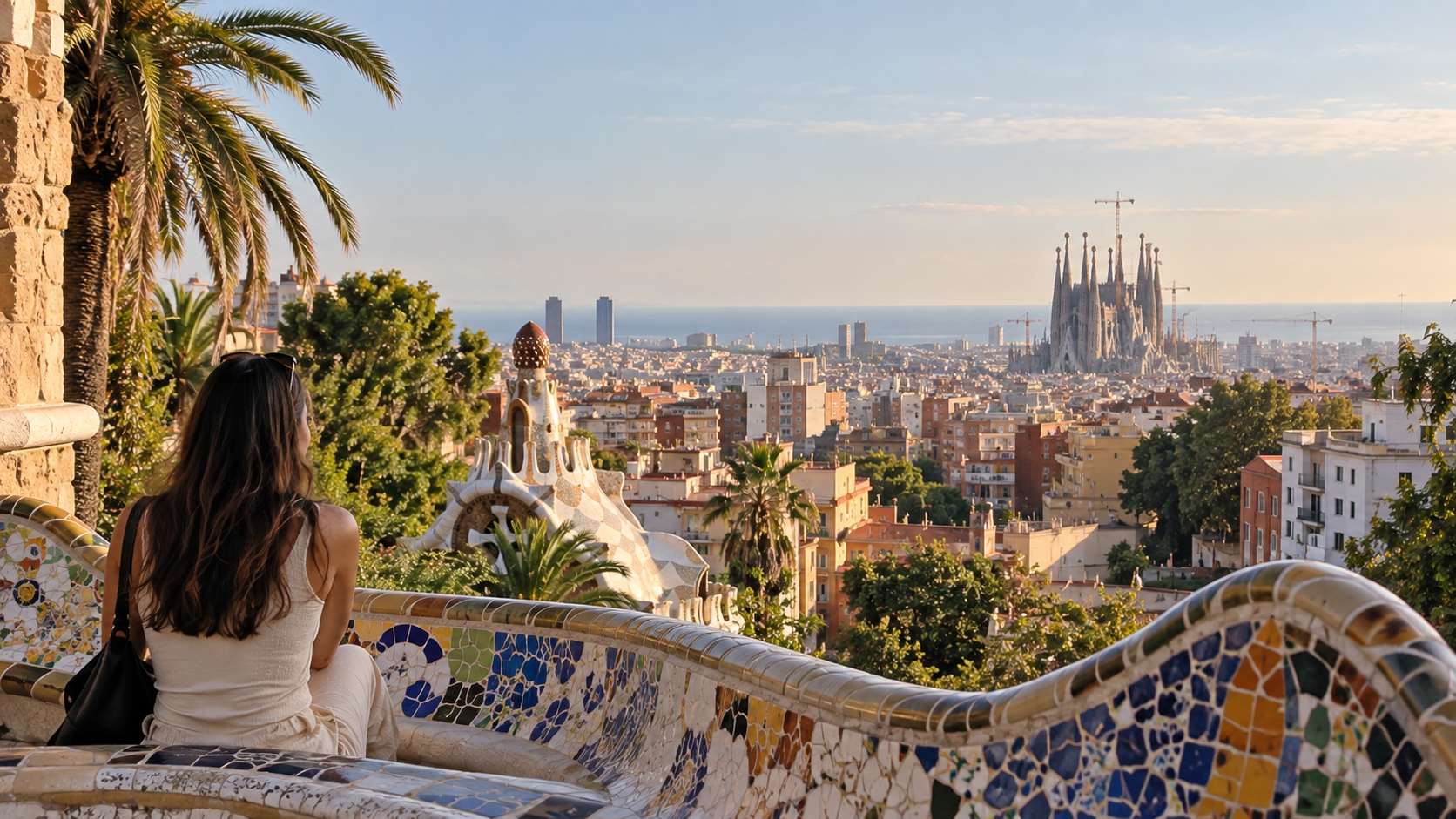 A woman overlooks Barcelona with the Sagrada Família in the distance.