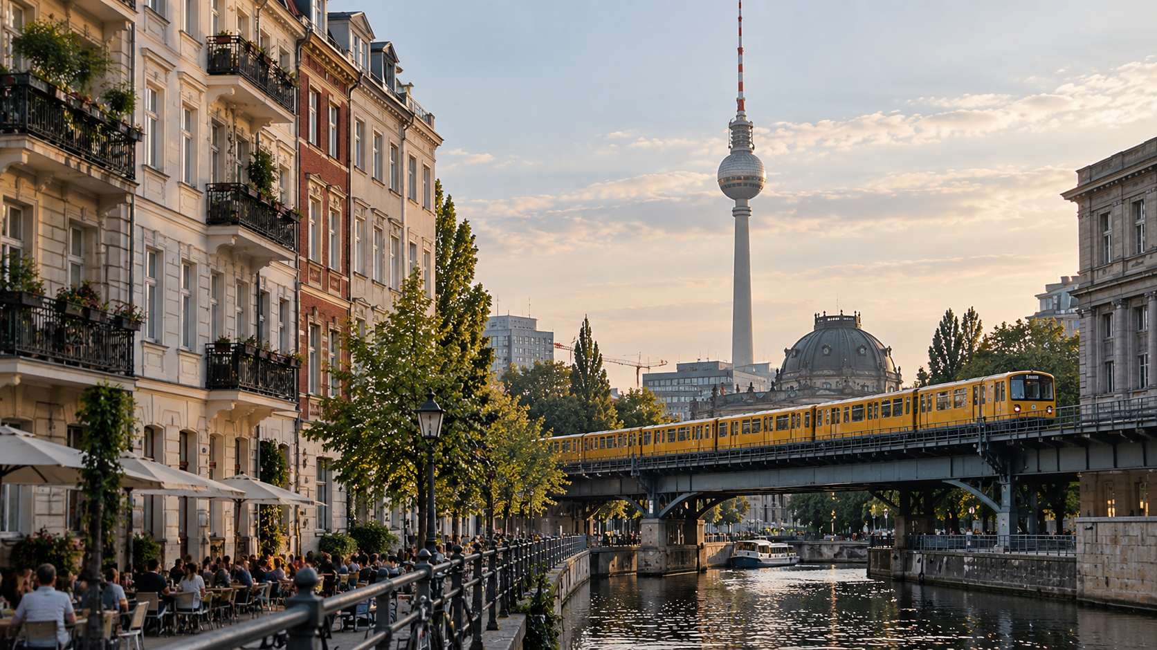 Berlin skyline with the TV Tower and a yellow train crossing the river.