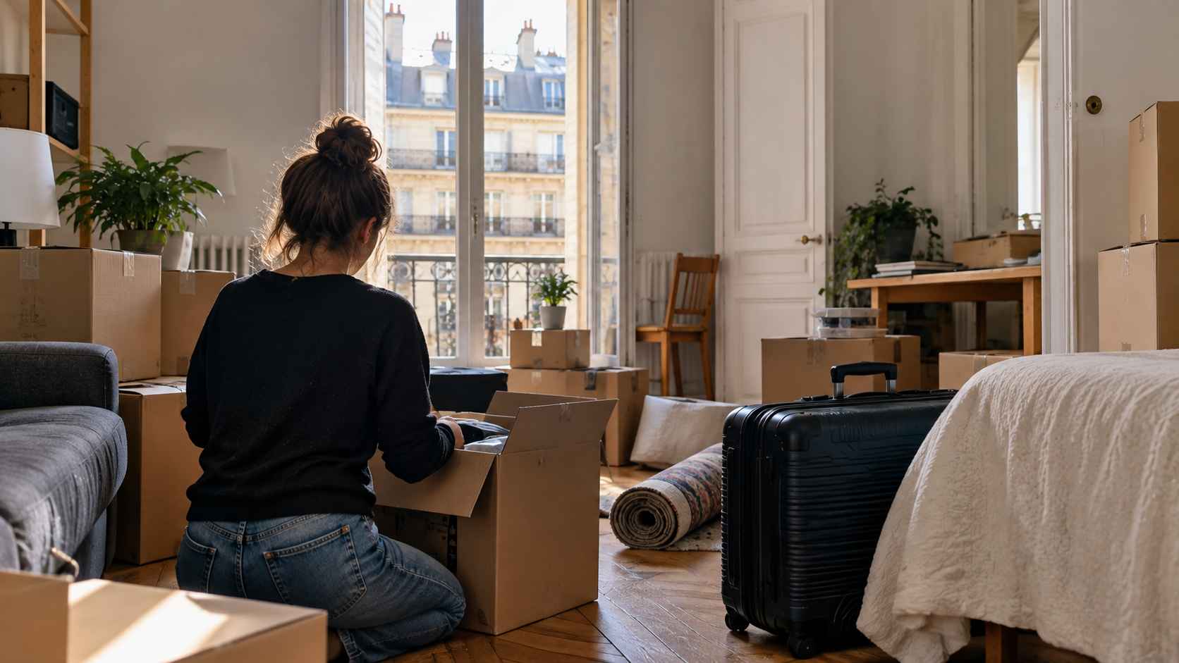 A woman unpacks moving boxes in a European apartment.