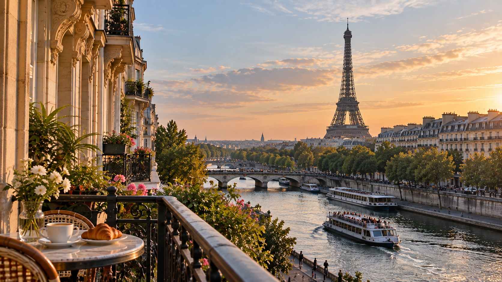 A sunset view of Paris with the Eiffel Tower and the Seine
