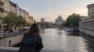 A woman with a backpack looks over the River Spree in Berlin.