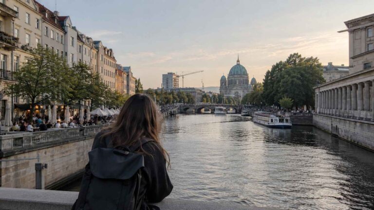 A woman with a backpack looks over the River Spree in Berlin.