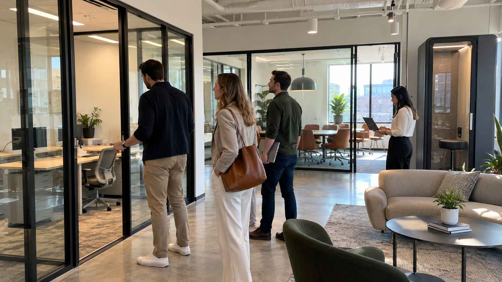 Professionals touring a modern flexible hub office with private and shared workspaces.