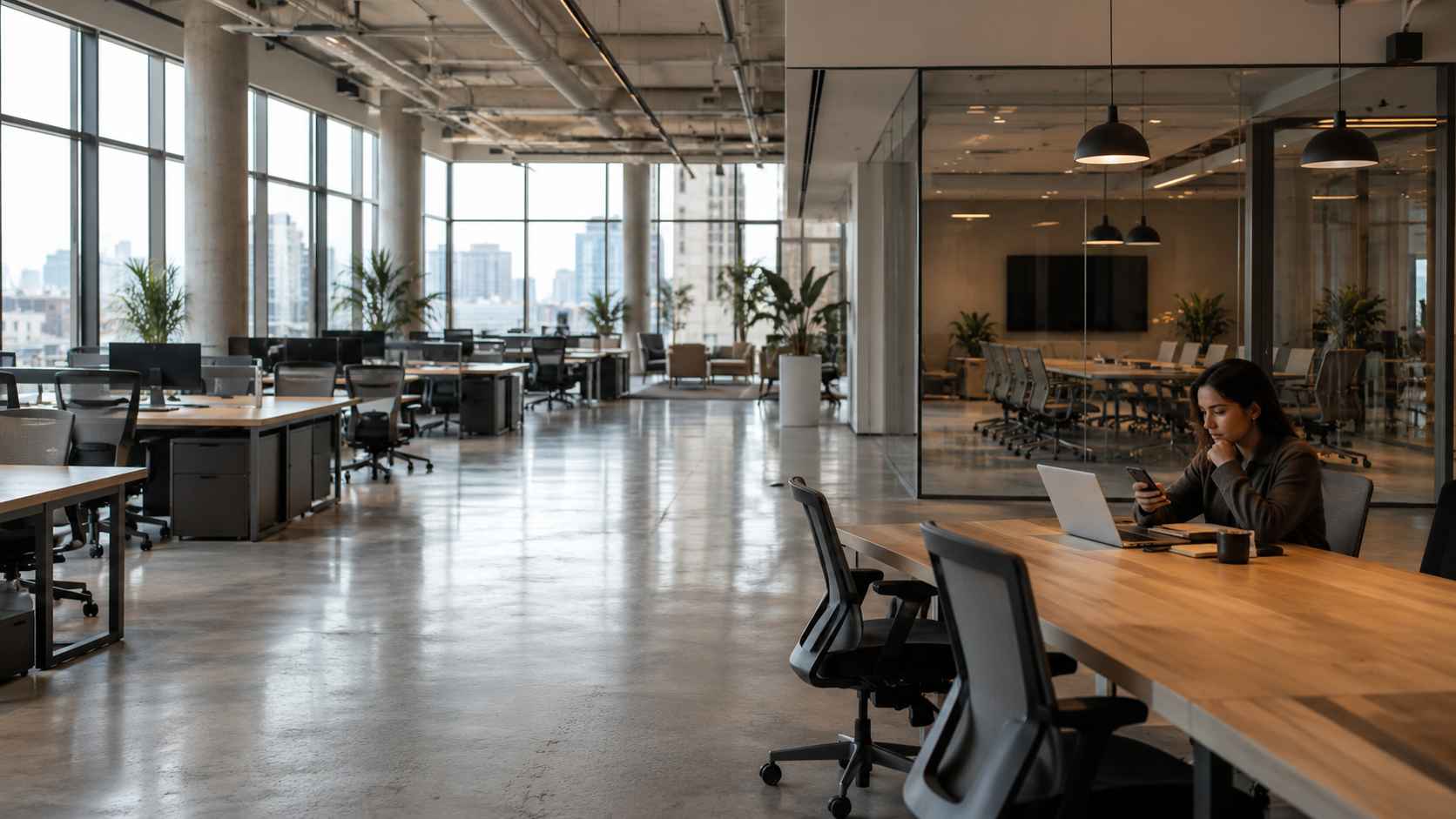 Mostly empty modern office with one employee working alone.
