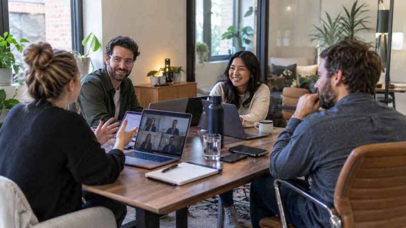 Team collaborating around a table in a flexible hub office.