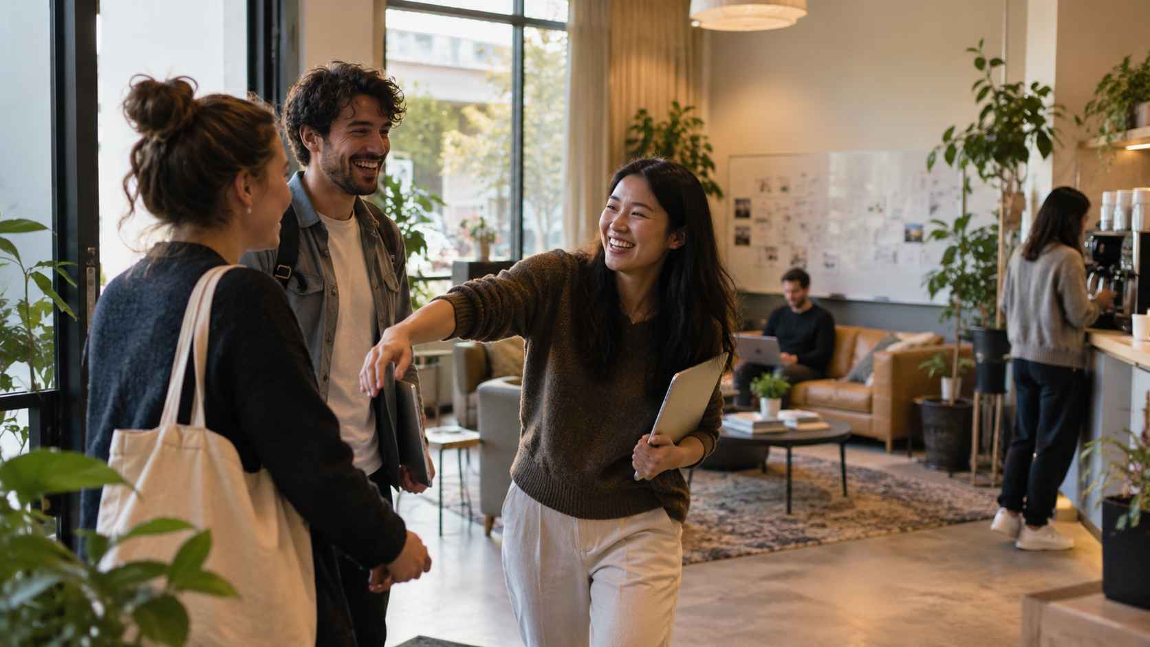 Coworkers greeting each other inside a flexible office hub.